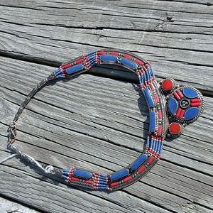 Genuine Lapis and Coral Tribal Necklace set in Sterling Silver